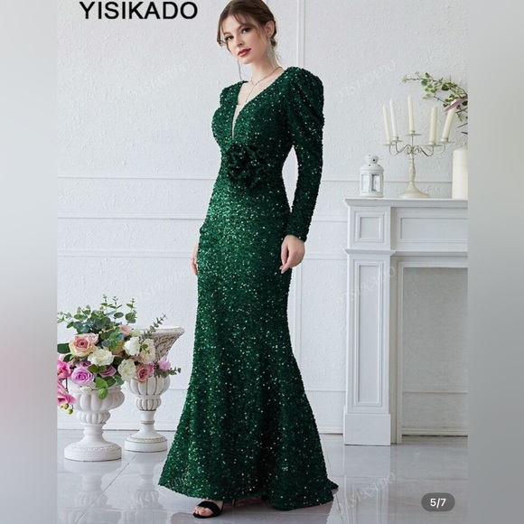 Giffniseti Sequined Emerald Green Mermaid Evening Gown Puff Sleeves Rosette S - Picture 5 of 13